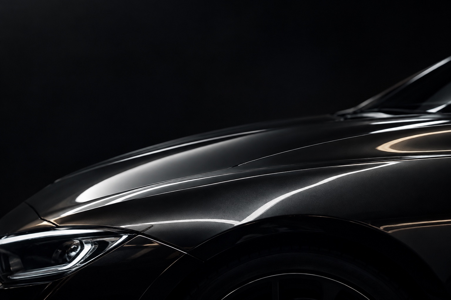 Controlled light across the glossy paint of a black car.
